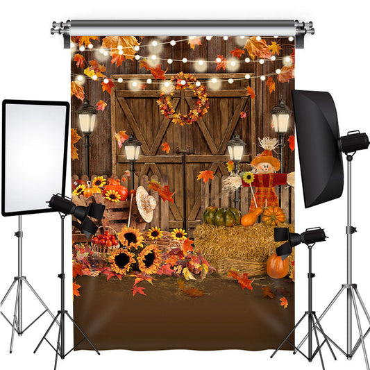 Lofaris Sunflower and Scarecrow Wooden Door Autumn Backdrop
