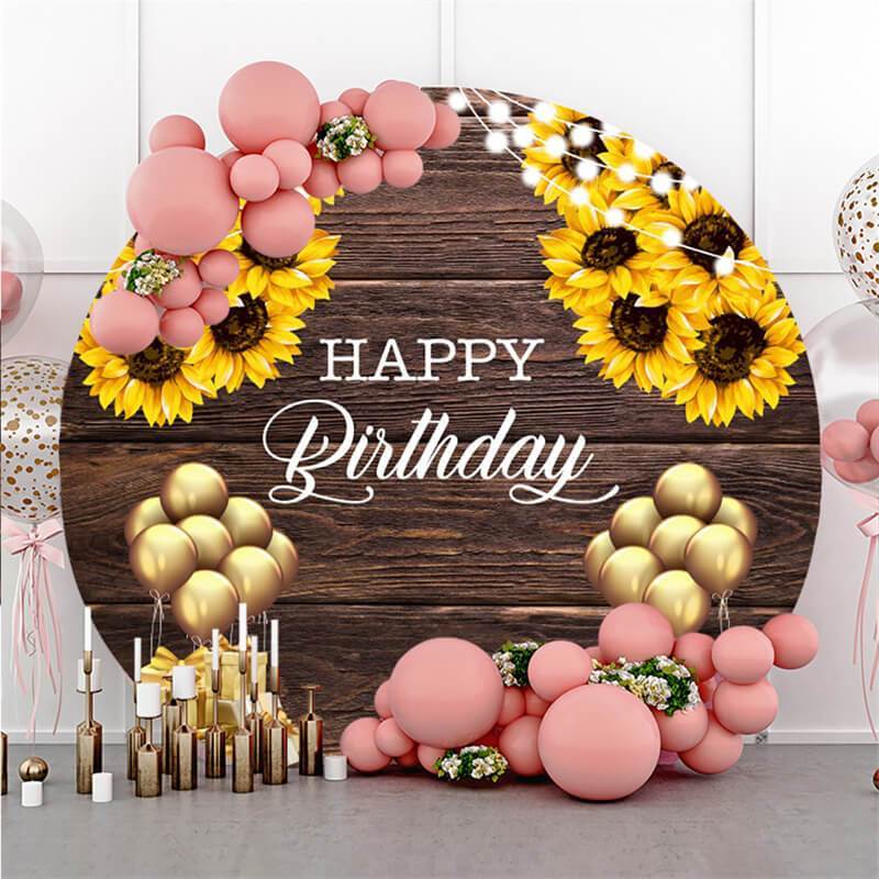 Lofaris Sunflower And Wooden Round Happy Birthday Backdrop