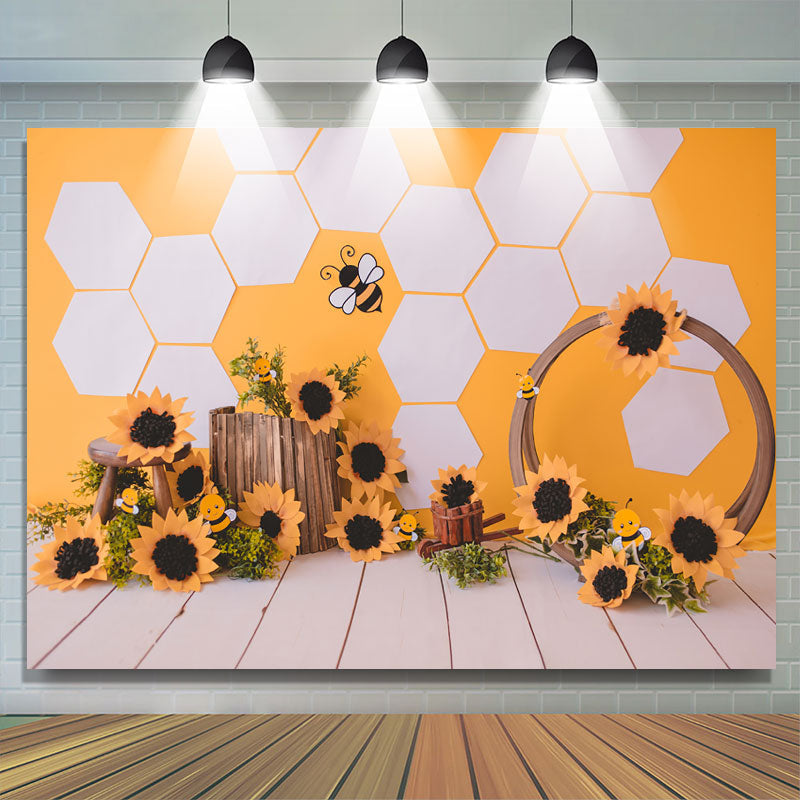 Lofaris Sunflower Bee Wood Floor Birthday Party Backdrop for Baby