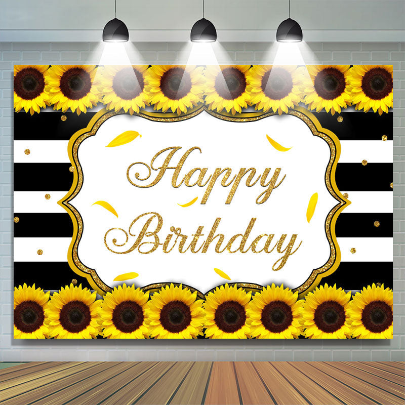 Lofaris Sunflower Black White Stripes Happy Birthday Backdrop