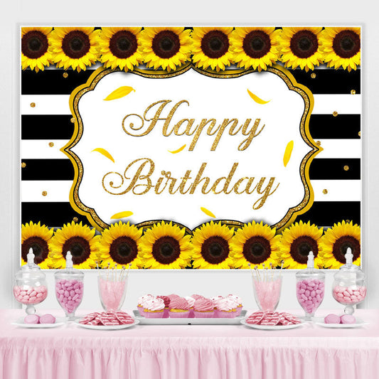 Lofaris Sunflower Black White Stripes Happy Birthday Backdrop