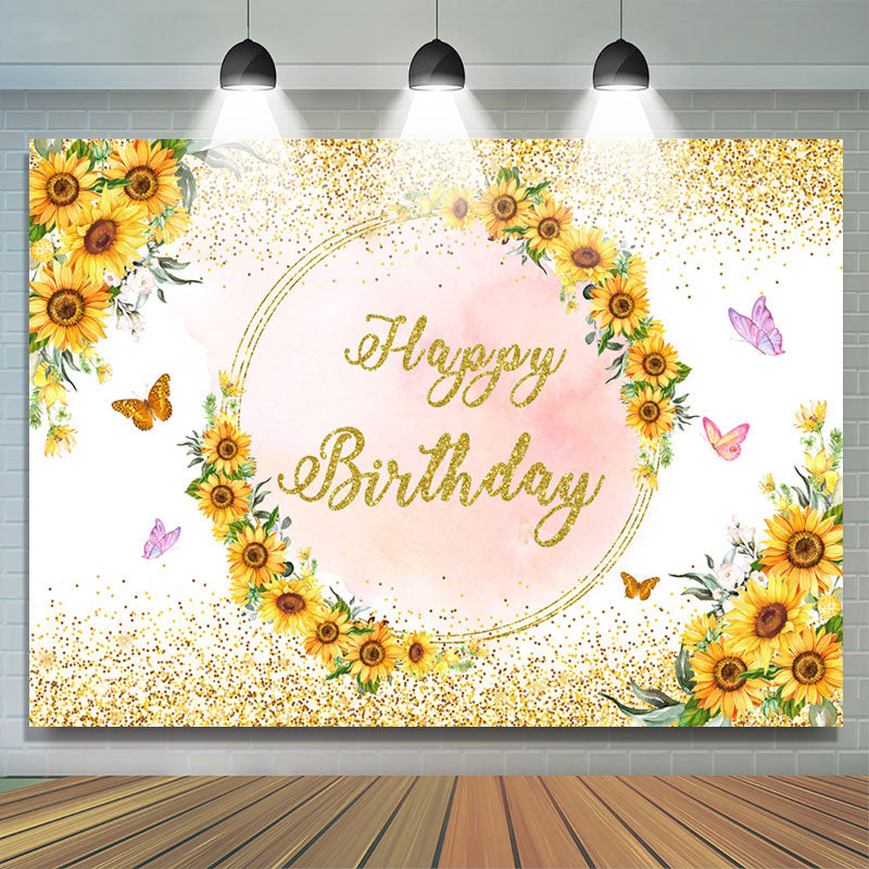Lofaris Sunflower Butterfly Pink Gold Happy Birthday Backdrop