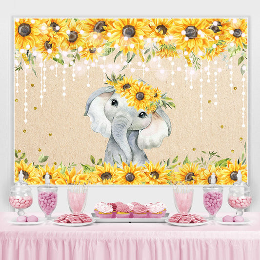 Lofaris Sunflower Elephant Gold Glitter Lights Baby Shower Backdrop