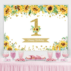 Lofaris Sunflower Gold Glitter Happy 1st Birthday Backdrop for Girl
