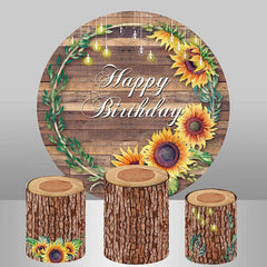 Lofaris Sunflowers And Brown Wood Happy Birthday Round Backdrop