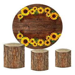 Lofaris Sunflowers And Brown Wooden Round Birthday Backdrop