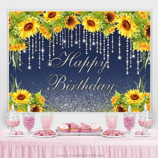 Lofaris Sunflowers And Glitter Lines Happy Birthday Backdrop
