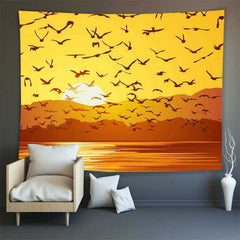Lofaris Sunset And Geese Fairytale Mountain Lake Wall Tapestry