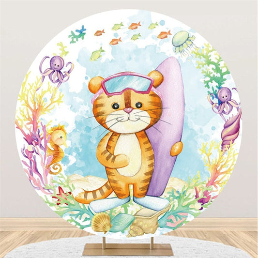 Lofaris Surf Tiger And Sea World Round Baby Shower Backdrop