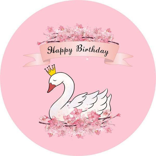 Lofaris Swan And Floral Pink Round Happy Birthday Day Backdrop
