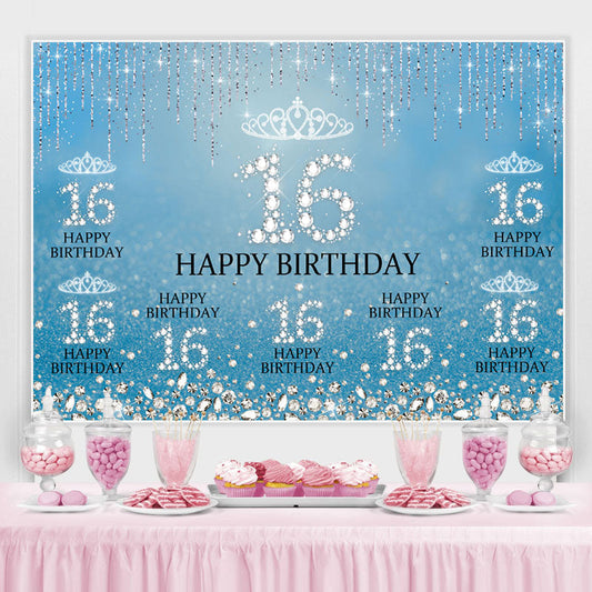 Lofaris Sweet 16 Diamond Glitter Blue Birthday Backdrop