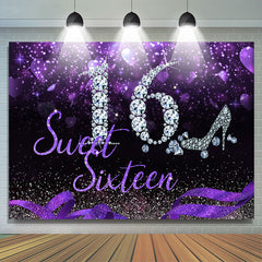 Lofaris Sweet 16 Silver Diamond Purple Glitter Sixteen Birthday Backdrop for Girl