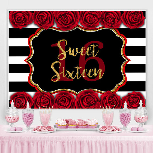 Lofaris Sweet 16 With Roses And Stripe Happy Birthday Backdrop