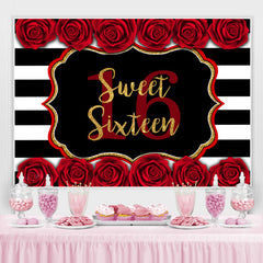 Lofaris Sweet 16 With Roses And Stripe Happy Birthday Backdrop