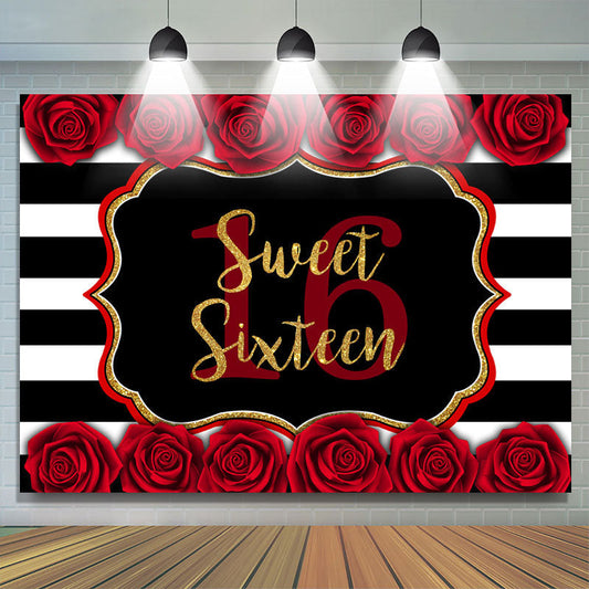 Lofaris Sweet 16 With Roses And Stripe Happy Birthday Backdrop