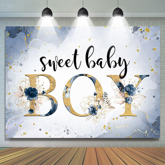 Lofaris Sweet Baby Boy Marble Floral Blue Shower Backdrop