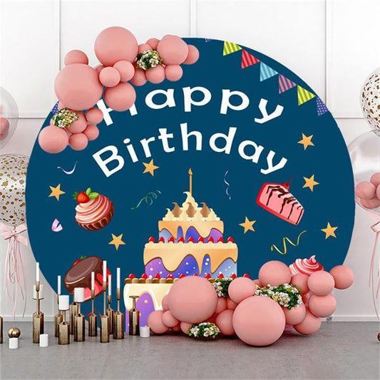 Lofaris Sweet Cakes Blue Round Happy Birthday Party Backdrop