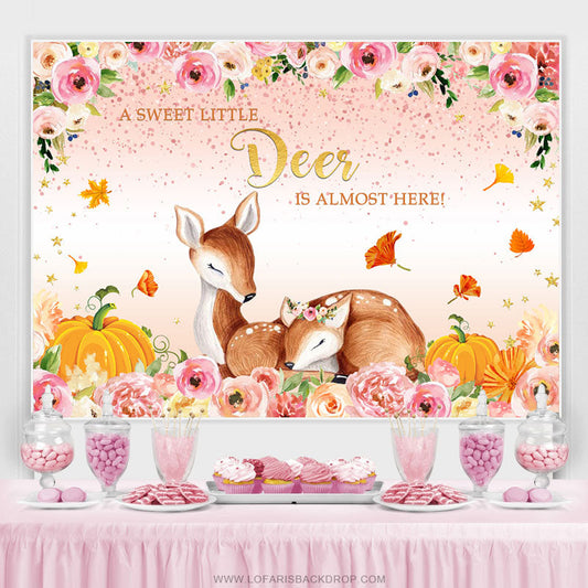 Lofaris Sweet Deer Almost Here Pink Floral Baby Shower Backdrop