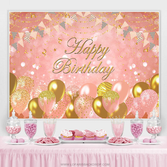 Lofaris Sweet Pink Balloon Flag Ribbon Happy Birthday Backdrop