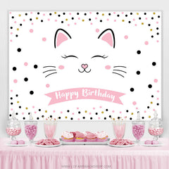 Lofaris Sweet Pink Cat With Dots Happy Birthday Backdrop