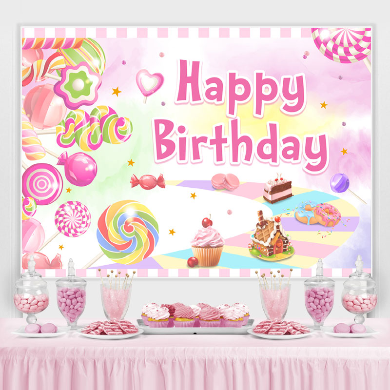 Lofaris Sweet Pink Dessert World Themed Happy Birthday Backdrop