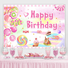 Lofaris Sweet Pink Dessert World Themed Happy Birthday Backdrop