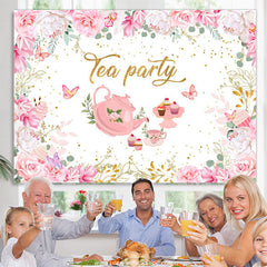 Lofaris Tea Party Pink And White Floral Happy Birthday Backdrop