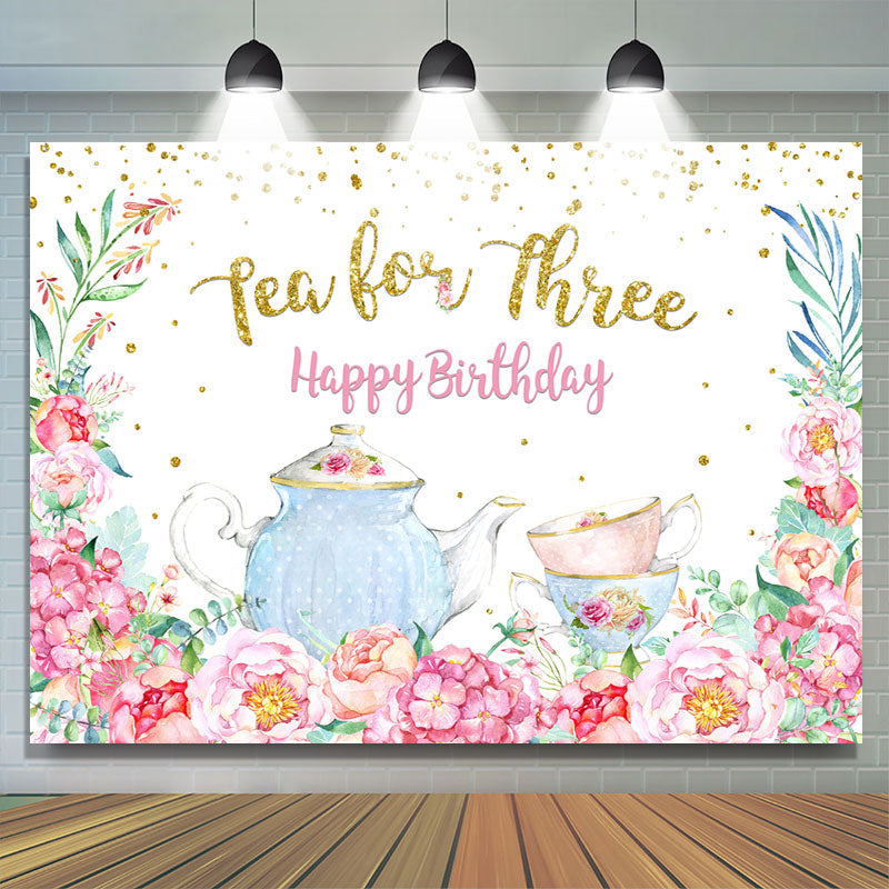 Lofaris Teapot and Floral Happy 3rd Birthday Backdrop For Girl