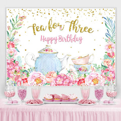 Lofaris Teapot and Floral Happy 3rd Birthday Backdrop For Girl