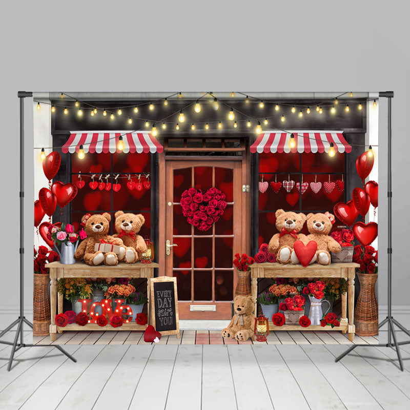 Lofaris Teddy Bear And Love Store Happy Valentines Backdrop