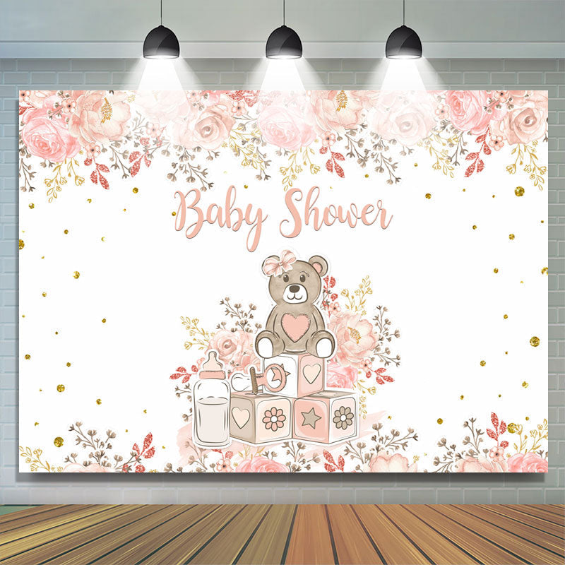 Lofaris Teddy Bear and Pink Plant Baby Shower Backdrop Girl