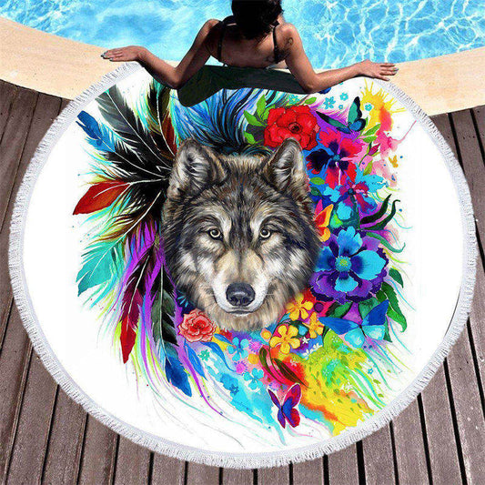 Lofaris The Original Wolf Spirit Floral Round Beach Towel