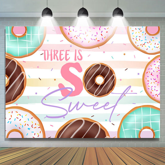 Lofaris Three Is So Sweet Colorful Donut Birthday Backdrop