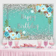 Lofaris Tiffany Bule Flowers And Silver Happy Birthday Backdrop