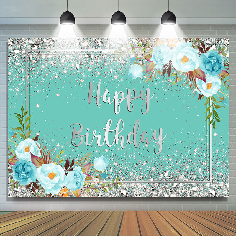 Lofaris Tiffany Bule Flowers And Silver Happy Birthday Backdrop