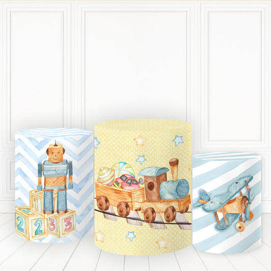 Lofaris Toy Train Plane Robot Pillar Wrap Blue And Yellow Cylinder Cover