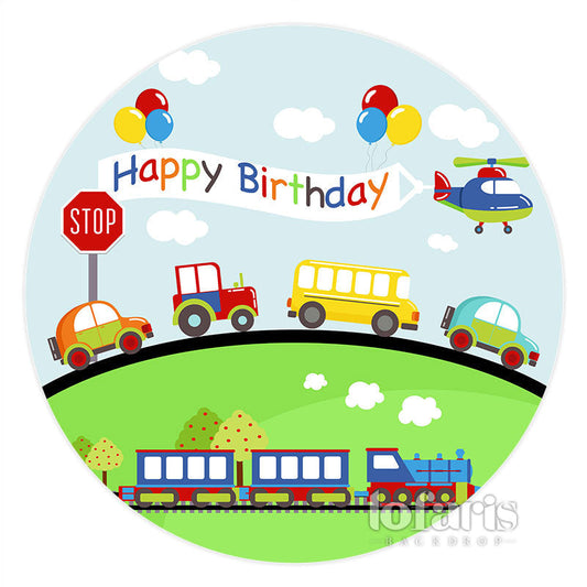Lofaris Transportation Colorful Happy Birthday Circle Backdrop