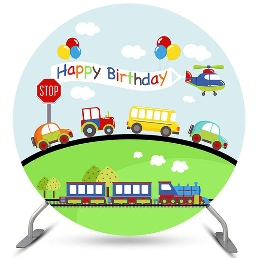 Lofaris Transportation Colorful Happy Birthday Circle Backdrop