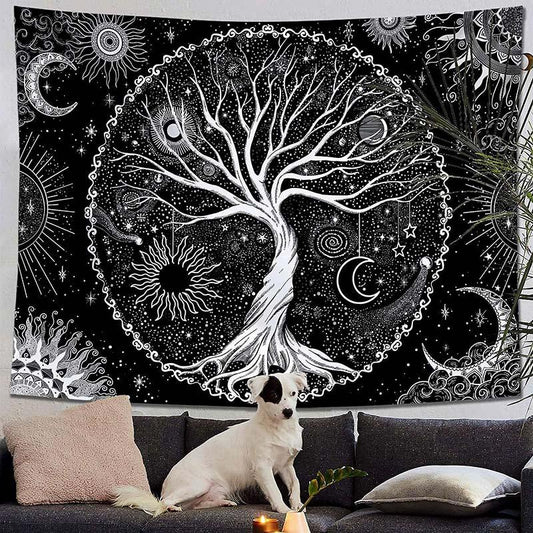Lofaris Tree of Life Black And White Moon Galaxy Wall Tapestry