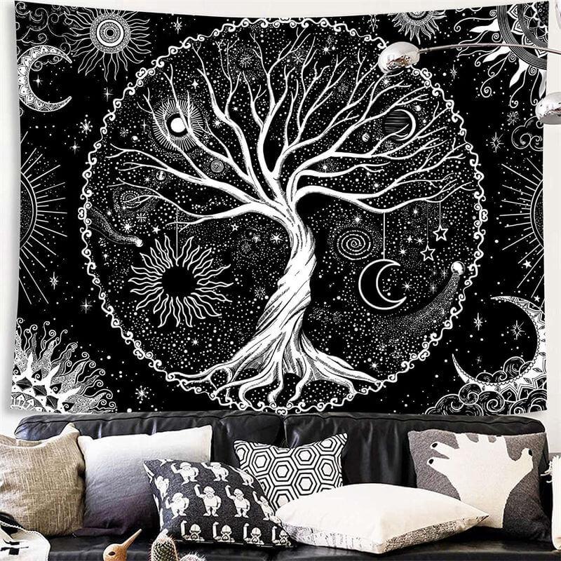 Lofaris Tree of Life Black And White Moon Galaxy Wall Tapestry