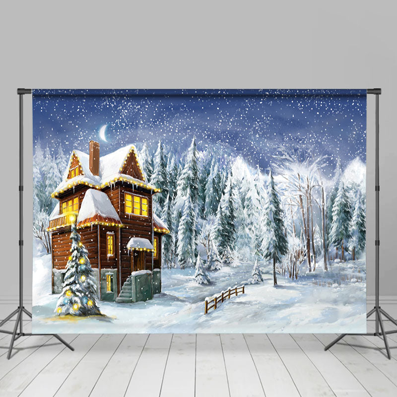 Lofaris Trees And Wooden House Christmas Backdrop For Winter