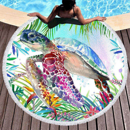 Lofaris Tropical Sea Turtle Watercolor Painting Round Beach Towel