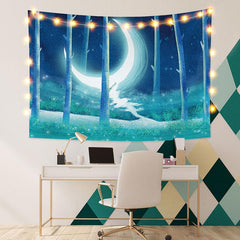 Lofaris Turquoise Light Moon Landscape Fairytale Custom Tapestry