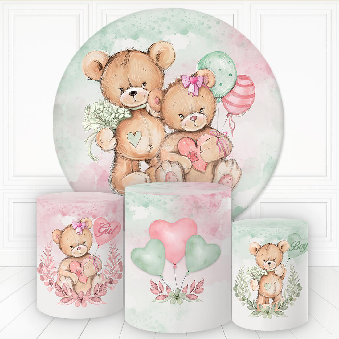 Lofaris Twin Bears With Balloon Round Backdrop Kit For Baby Shower