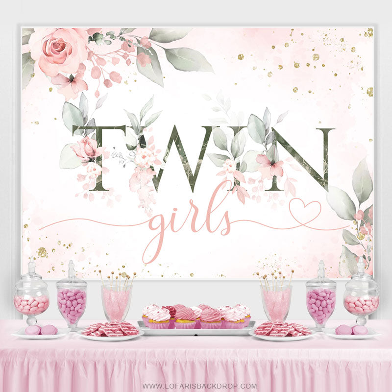 Lofaris Twin Girls Pink Floral Glitter Baby Shower Backdrop