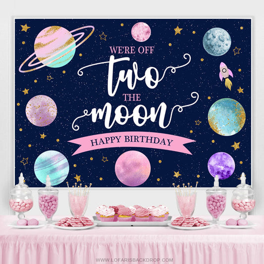 Lofaris Two The Moon Pink Green Planet 2nd Birthday Backdrop