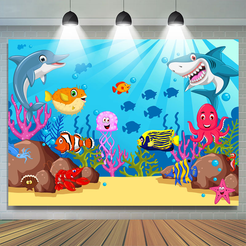 Lofaris Under The Water Shark Fish Backdrop for Birthday Baby Shower