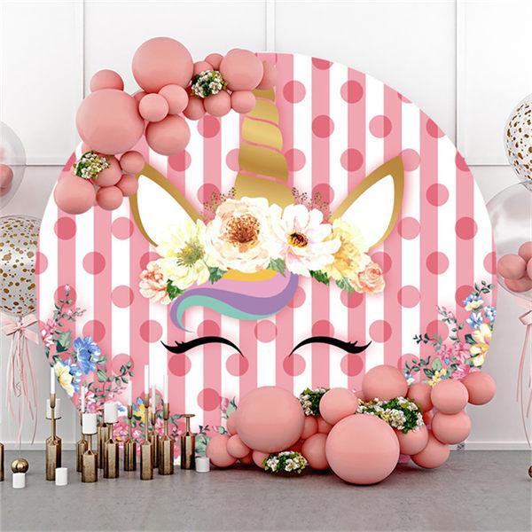 Lofaris Unicorn And Floral Pink Round Baby Shower Backdrop
