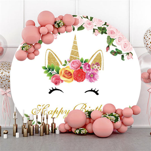 Lofaris Unicorn Pink Flower Happy Birthday Circle Backdrop