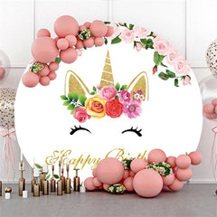 Lofaris Unicorn Pink Flower Happy Birthday Circle Backdrop